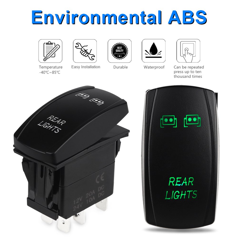 WATERWICH 5 Pin Rear Lights Illuminated Rocker Toggle Switch Waterproof with Jumper Wires Set DC 20A 12V/10A 24V Black Shell/ON-Off SPST Rocker Switch for Auto Truck Boat Marine RV Off Road