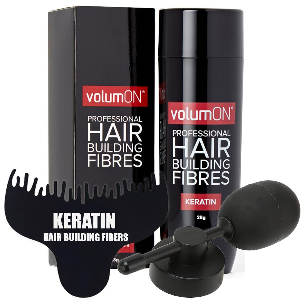 Hair Fibres VOLUMON Keratin Hair Building Fibres for Thinning Hair - Instantly Conceals Thinning Areas for Fuller Thicker Hair - For Men & Women 28g PLUS Hairline Optimiser & Applicator (Black)
