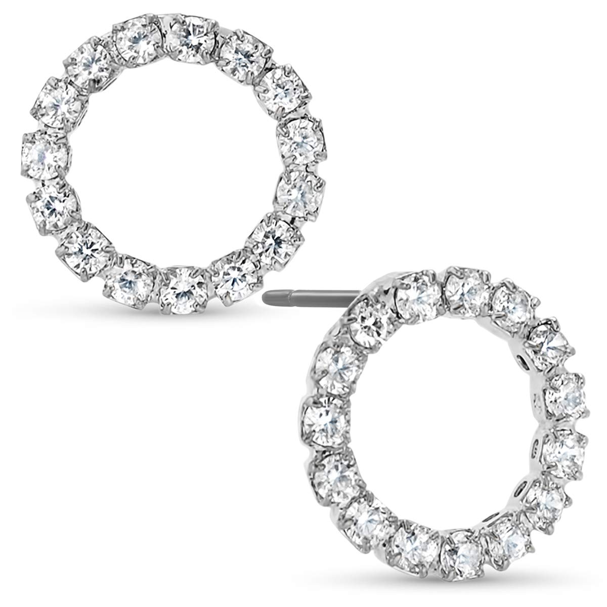 Humble Chic Circle Cubic Zirconia Stud Earrings - Tiny Round Simulated Diamond CZ Rhinestone Hoops Crystal Post Ear Studs, Silver Tone Circle, 0.5 inch, Hypoallergenic