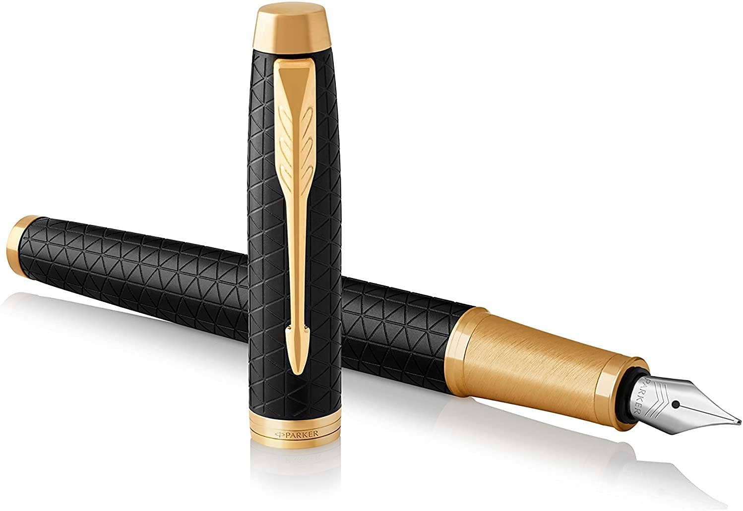 Parker Pen IM Premium Metal Fountain Pen - Matte Black with Diamond Pattern - Gold Trim - Fine Nib - Black Ink - Gift Boxed