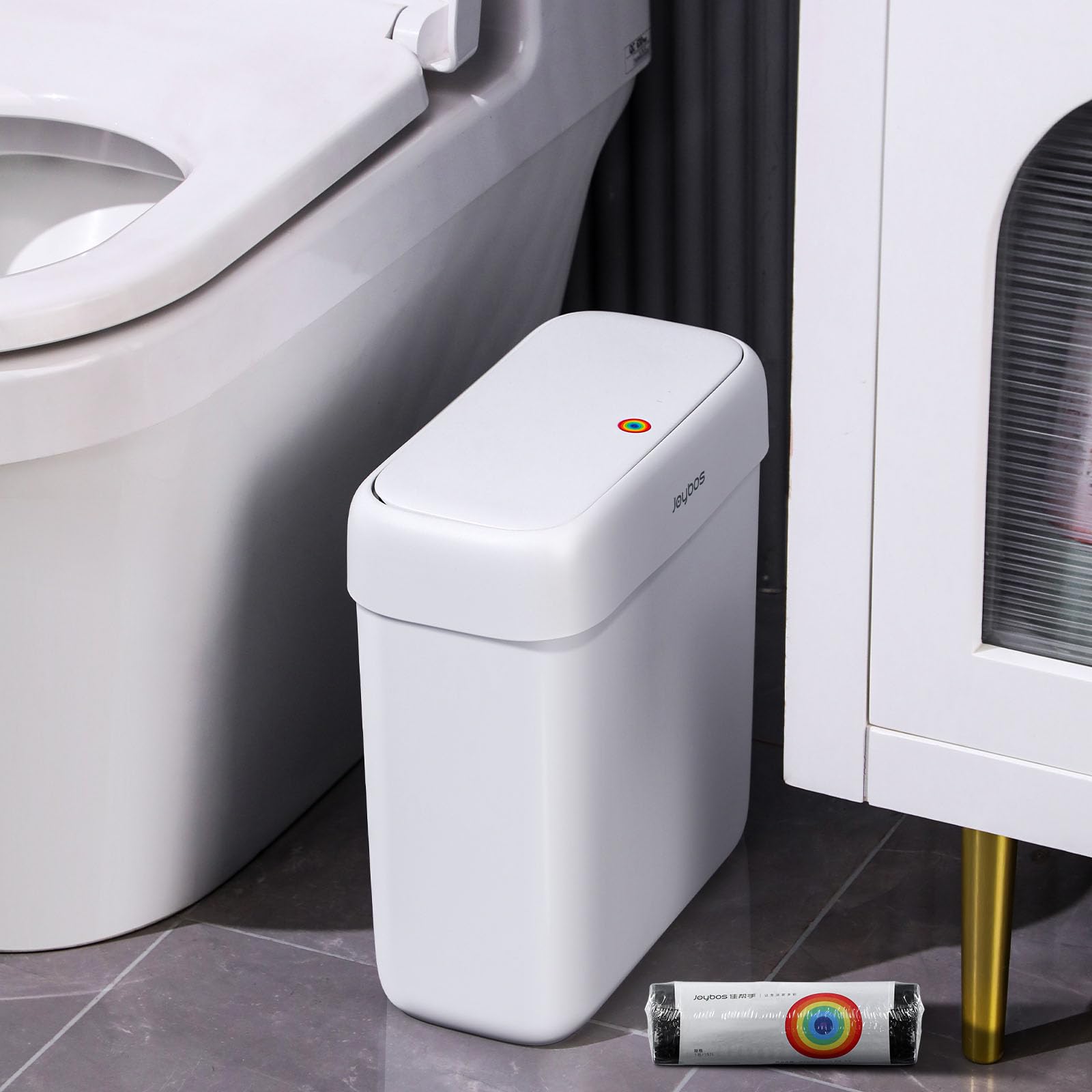 Photo 1 of JOYBOS Bathroom Trash Can with Lid, 3 Gallon Small Garbage Can, 10L Dogproof Slim Plastic Narrow Trash Bin with Pop-up Lid for Toilet, Office, Bedroom, Living Room, White