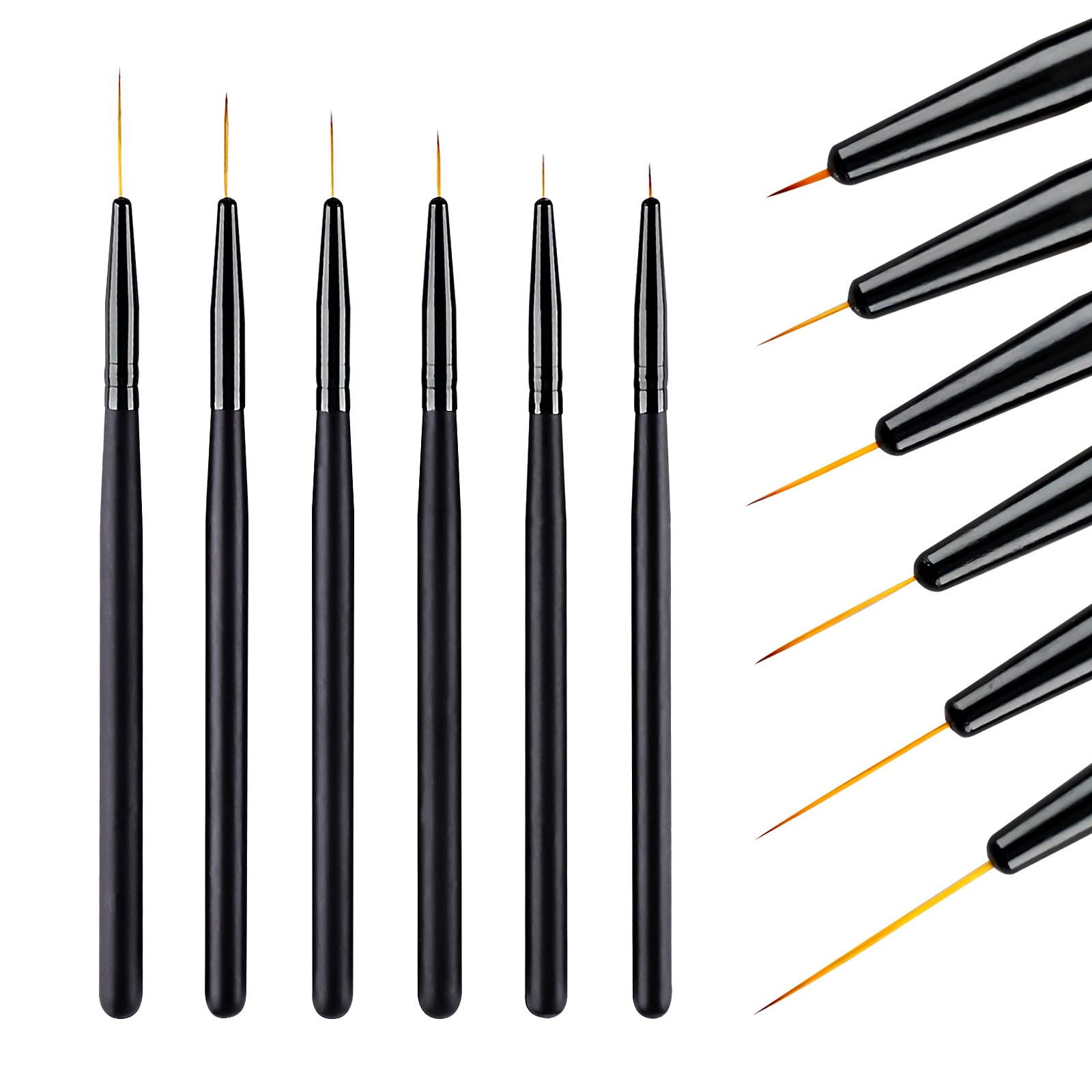 6PCS Nail Art Liner Brushes Extra Long Set 6/9/12/15/18/24mm, LEA-SHALL Fine Detail Painting Pens Black Kit Thin Acrylic Line Brush Pen Tools for DIY Decoration Home Salon Professional Design