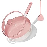 CAROTE 11 Inch Nonstick Deep Frying Pan with Lid, 5 Qt Chef Saute Pan with Pour Spout, Skillet Induction Cookware, Non Stick Cooking Pan Kitchen Pan, Healthy & PFOA/PFAS Free, Includes Spatula, Pink