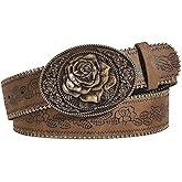 Flimire Women Western Belt with Heart Embossed Buckle Vintage Brown Belt for Jeans Pant Dress Cowgirl Cowboy Belts