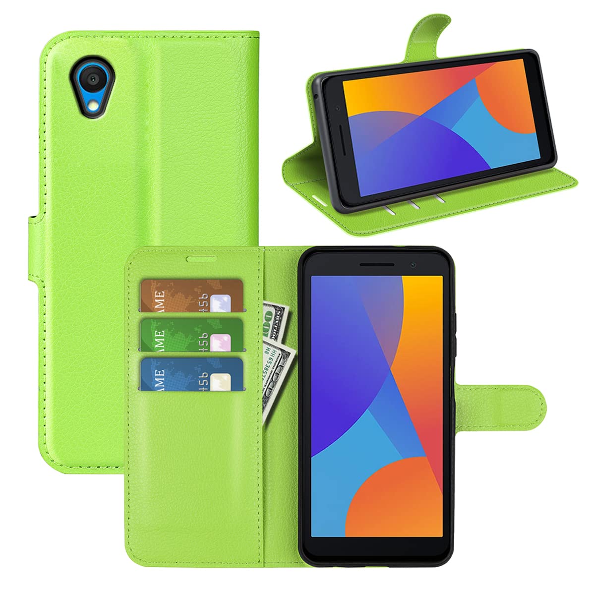 LMFULM® Protective Case for Alcatel 1 2021 (5.0 Inch) PU Leather Case Magnetic Wallet Case Litchi Stent Function Flip Case Cover Green