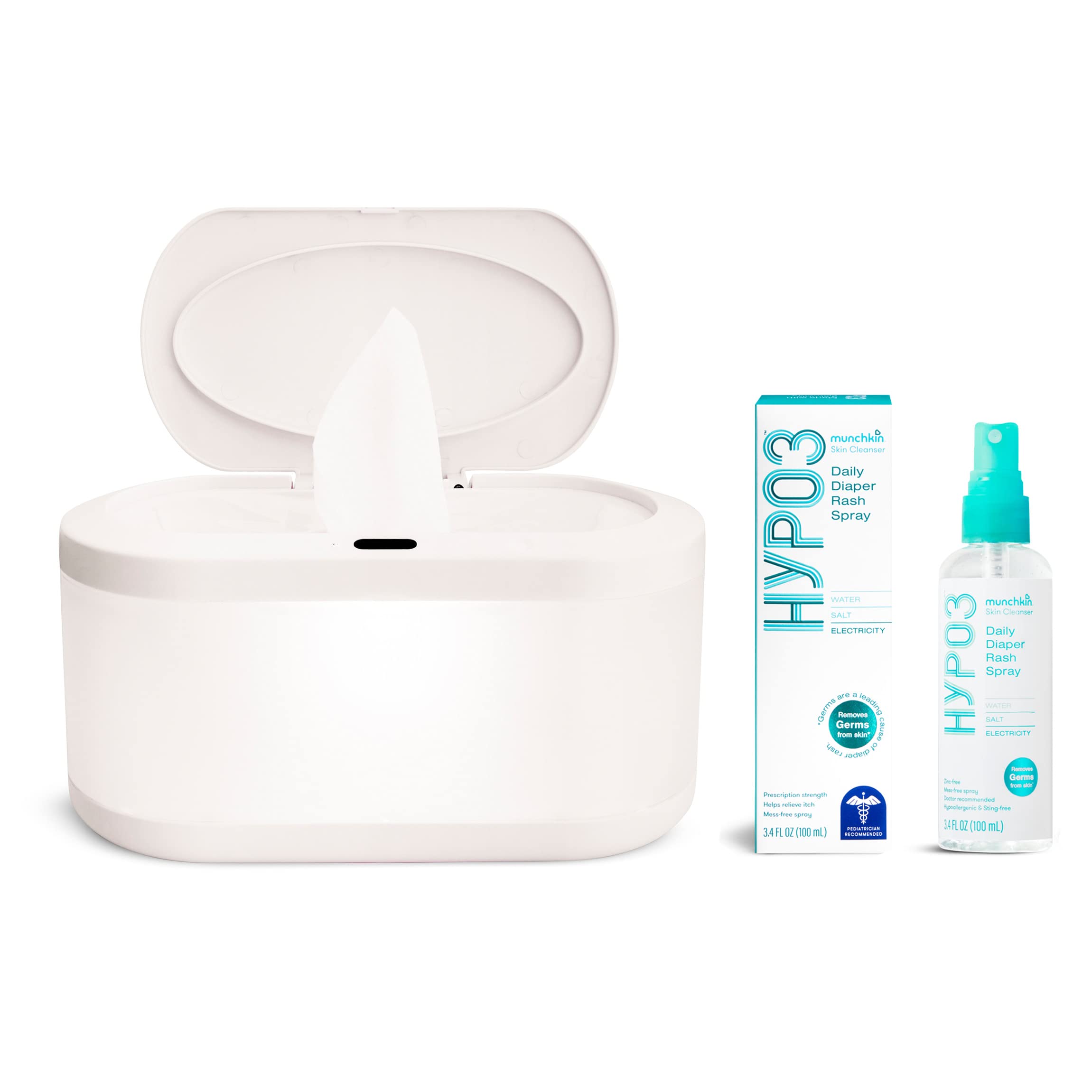 Munchkin® Touch Free Baby Wipe Warmer with Nightlight & Motion Sensor and HYP03™ Daily Diaper Rash Spray with Hypochlorous