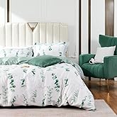 MILDLY King Duvet Cover Set, 100% Long Staple Cotton Green Eucalyptus Leaves Plant Pattern White Summer Comforter Cover Set 3pcs