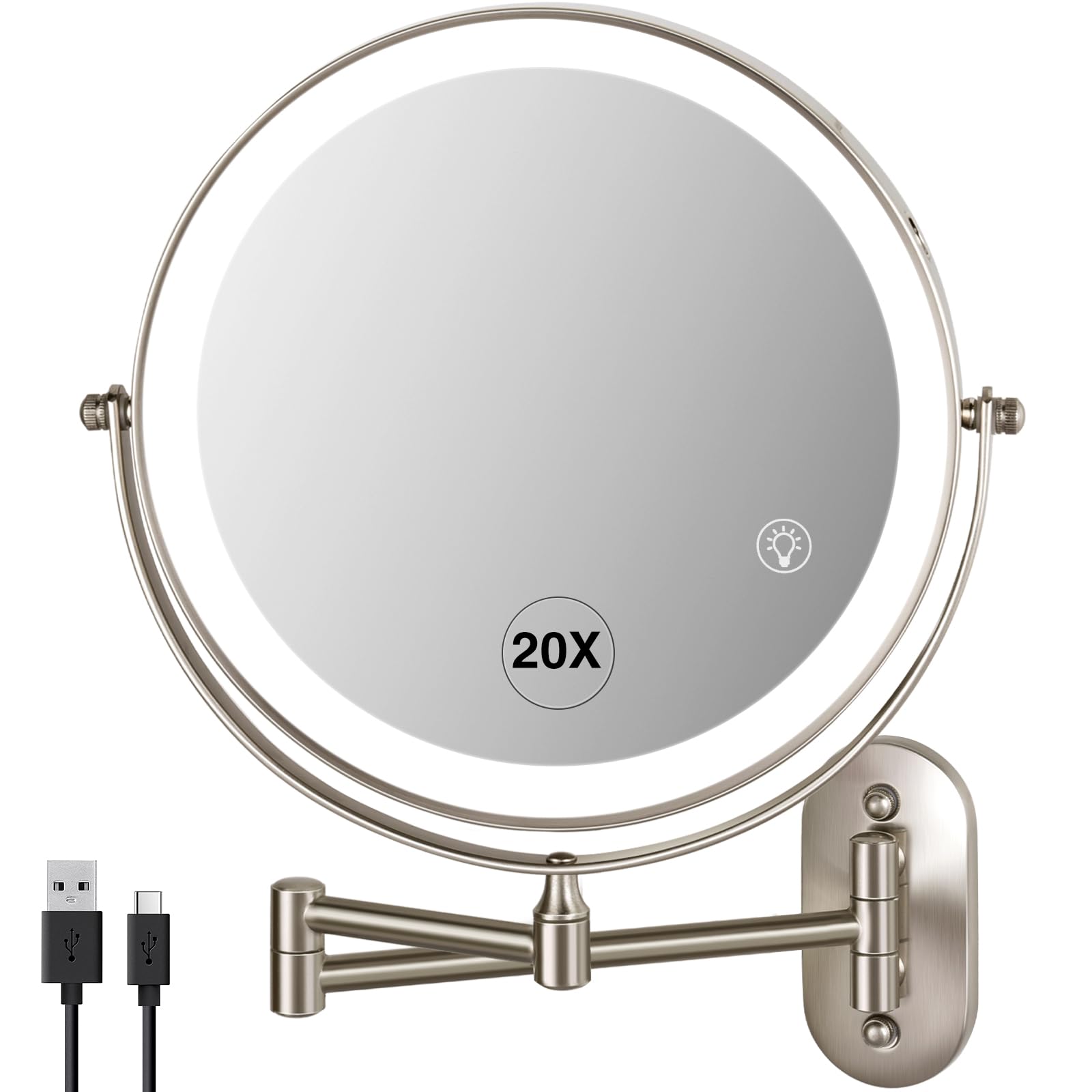 Photo 1 of VORREMIRR 20X Magnifying Mirror with Light: 8.5 Inch Lighted Makeup Mirror, Wall Mount, 360 Rotation, Touch Screen, Rechargeable, Brushed Nickel