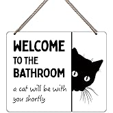Udinaz Funny Black Cat Welcome Hanging Sign for Bathroom, Funny Bathroom Wall Decor, Humorous Black Cat Hanging Wood Plaque Decor for Bath Room Washroom Wall Door Decorations