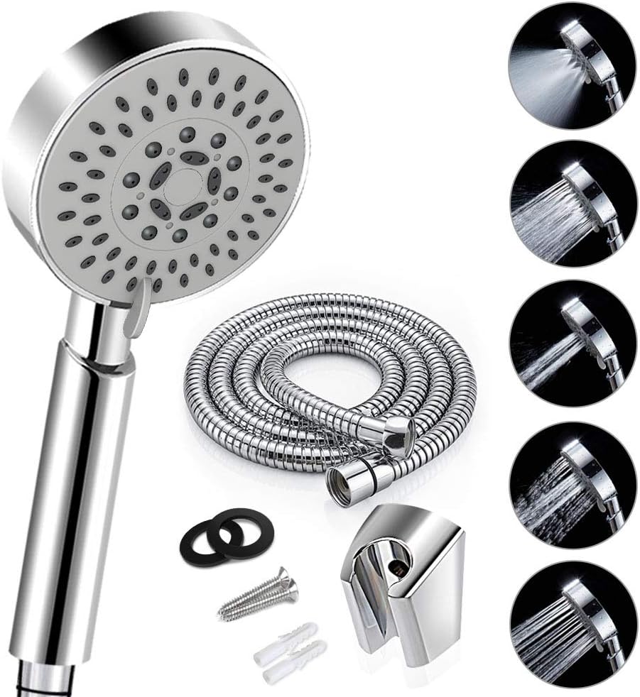Shower Head, 5 Mode Spray Universal Shower Head Bath Water Saving High Pressure with 1.5m(4.92ft) Flexible Stainless Steel Shower Hose, Shower Bracket, Handheld Shower Heads for Dry Skin, Hair