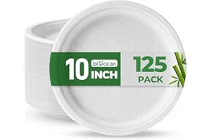 biocean 10 Inch Compostable Plates White [125 Pack] - Heavy Duty Compostable Paper Plates, Disposable Eco-Friendly Sugarcane Bagasse Plates for Dinner, Party, and Weddings (Round)