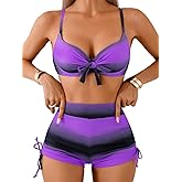EHSUYAB Women High Waisted Molded Cup Bikini Sets, Underwire Push Up Striped Swimsuits, Bathing Suit with Boy Shorts 2 Piece