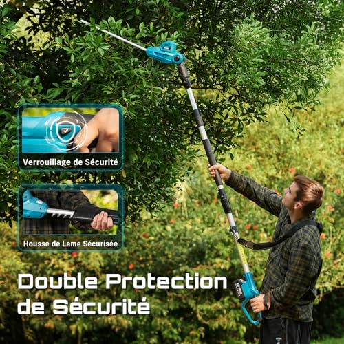 SEESII Electric Telescopic Hedge Trimmer 2.6 m, Electric Hedge Trimmer with 40 cm Double Action Blade, 2 x 4.0Ah Batteries, 135° Adjustable Swivel Head, for High Hedges and Dense Shrubs
