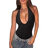 REORIA Bodysuits for Women Halter Tops 2025 Summer V Neck Backless Body Suits Tank Top Trendy Fashion Clothing