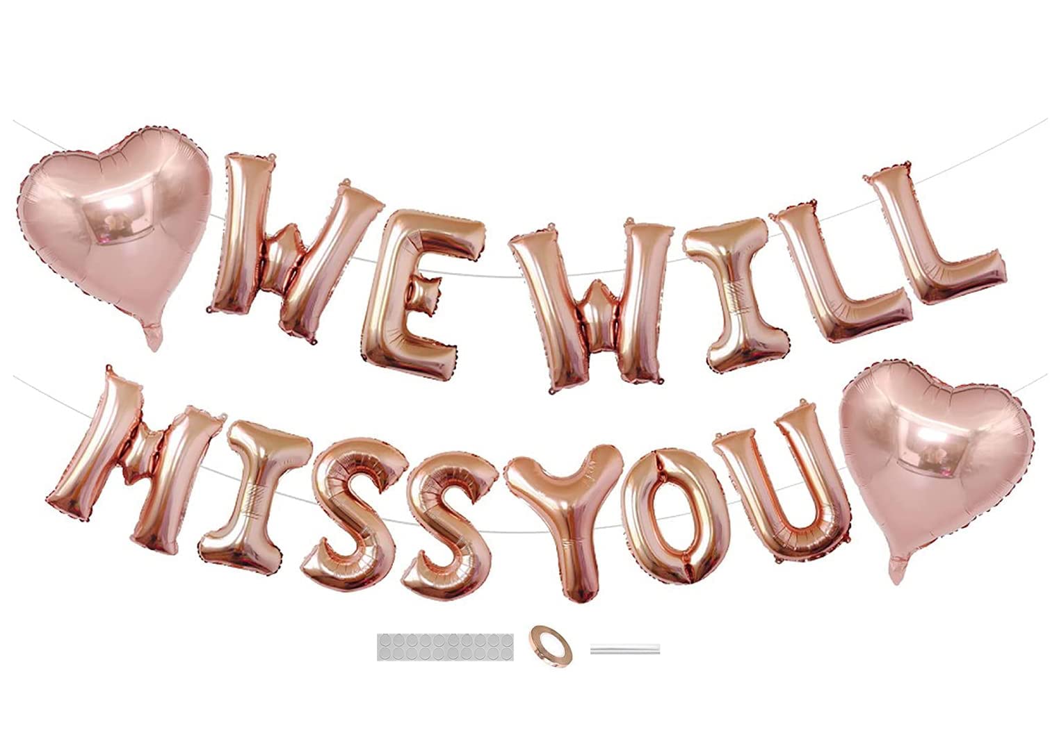 DUXUANT 'We Will Miss You' Balloons Flag Set (Rose Gold, 16" & 18" Heart Balloons, 25 Pieces, Reusable, Farewell & Retirement Party Decoration, Adults)