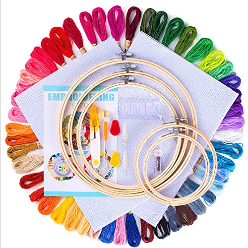 Embroidery Starter Kit with Instruction, 100 Colors Threads, 40 Sewing Pins, 3 Pieces Aida Cloth, Embroidery Hoops Set,Full Range Embroidery kit Cross Stitch Tool Kit for Adults Beginners (White-1)