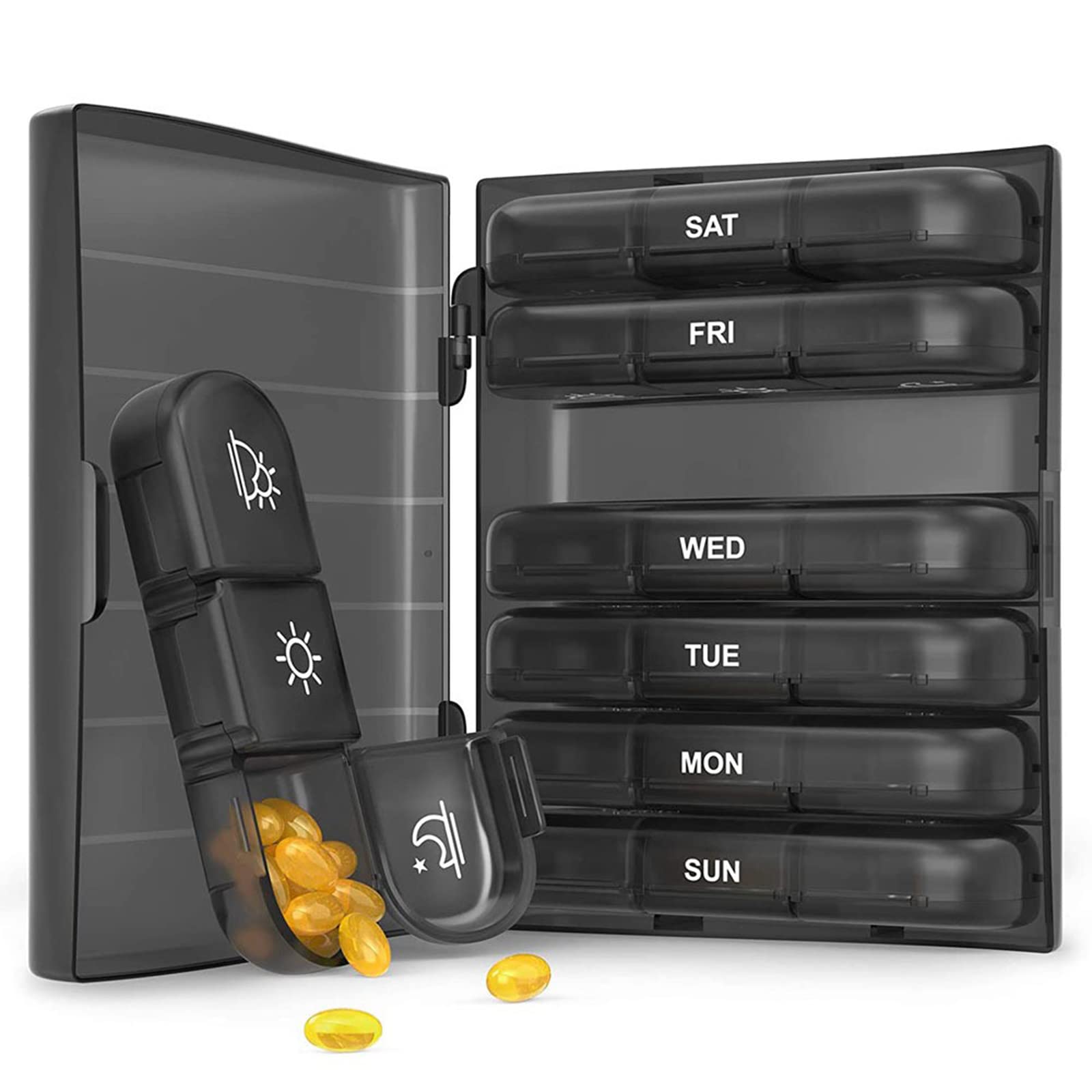 Weekly Pill Box Organiser 3 Times A Day, Travel 7 Day Tablet Boxes with Large Compartments for Medicine, Easy to Read AM/PM Compartments Monday to Sunday for Travel & Purse (Black)