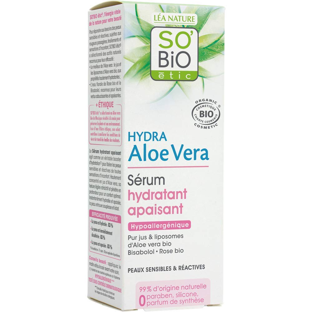 SO'BiO étic Hypoallergenic Sensitive and Reactive Skin Cosmebio Hydra Aloe Vera Soothing Moisturizing Serum, 30 ml