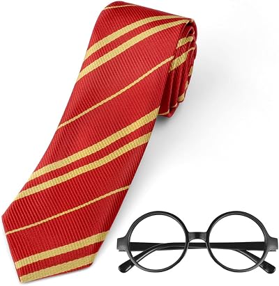 Aomig Red Wizard Striped Tie Glasses Set World Book Day Cosplay Tie