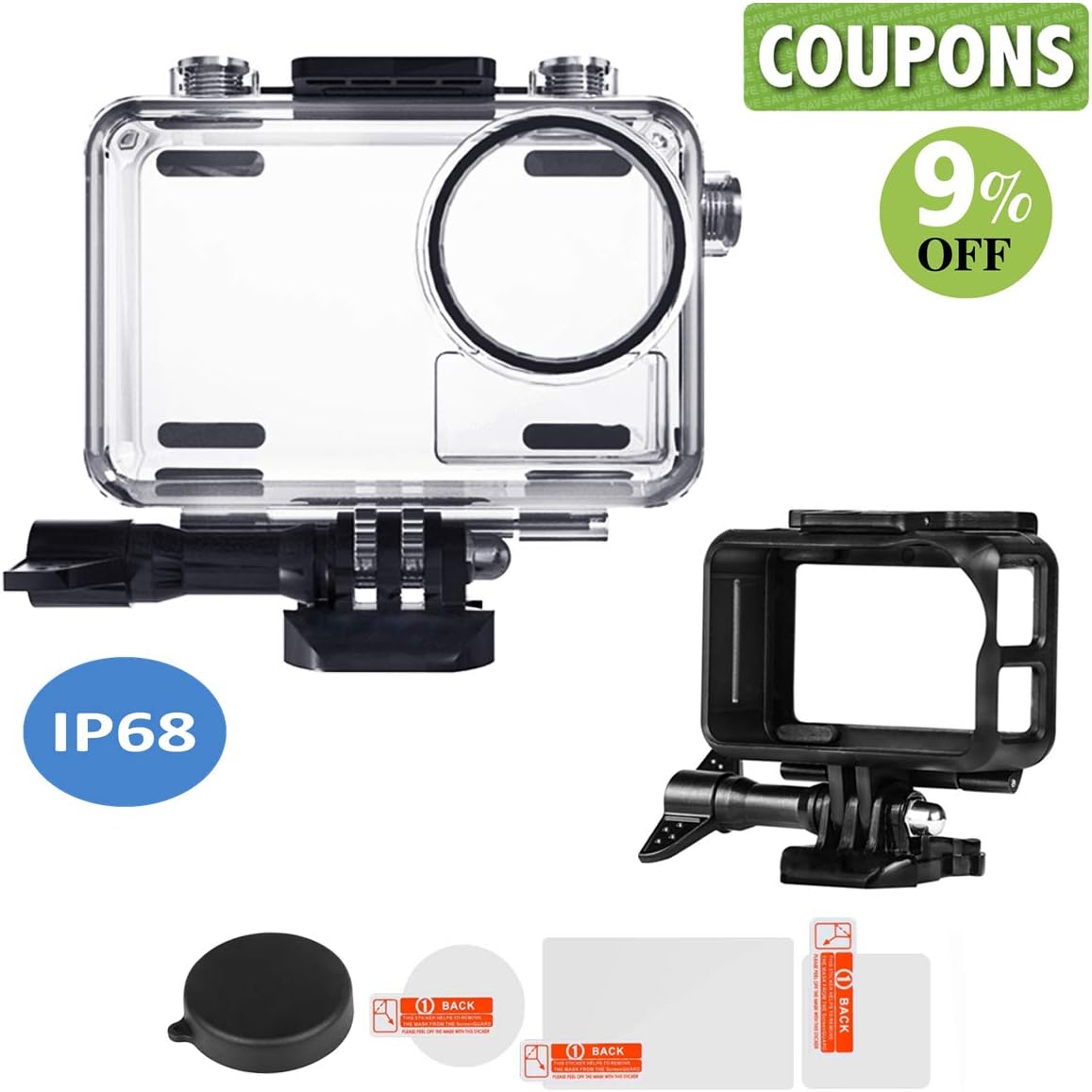 Housing Waterproof case Underwater Accessories Set for DJI Osmo Action, Shockproof Frame Shell, Underwater Photography Housing,Lens Cap Cover, Tempered Glass Screen Lens Protector Carrying Case