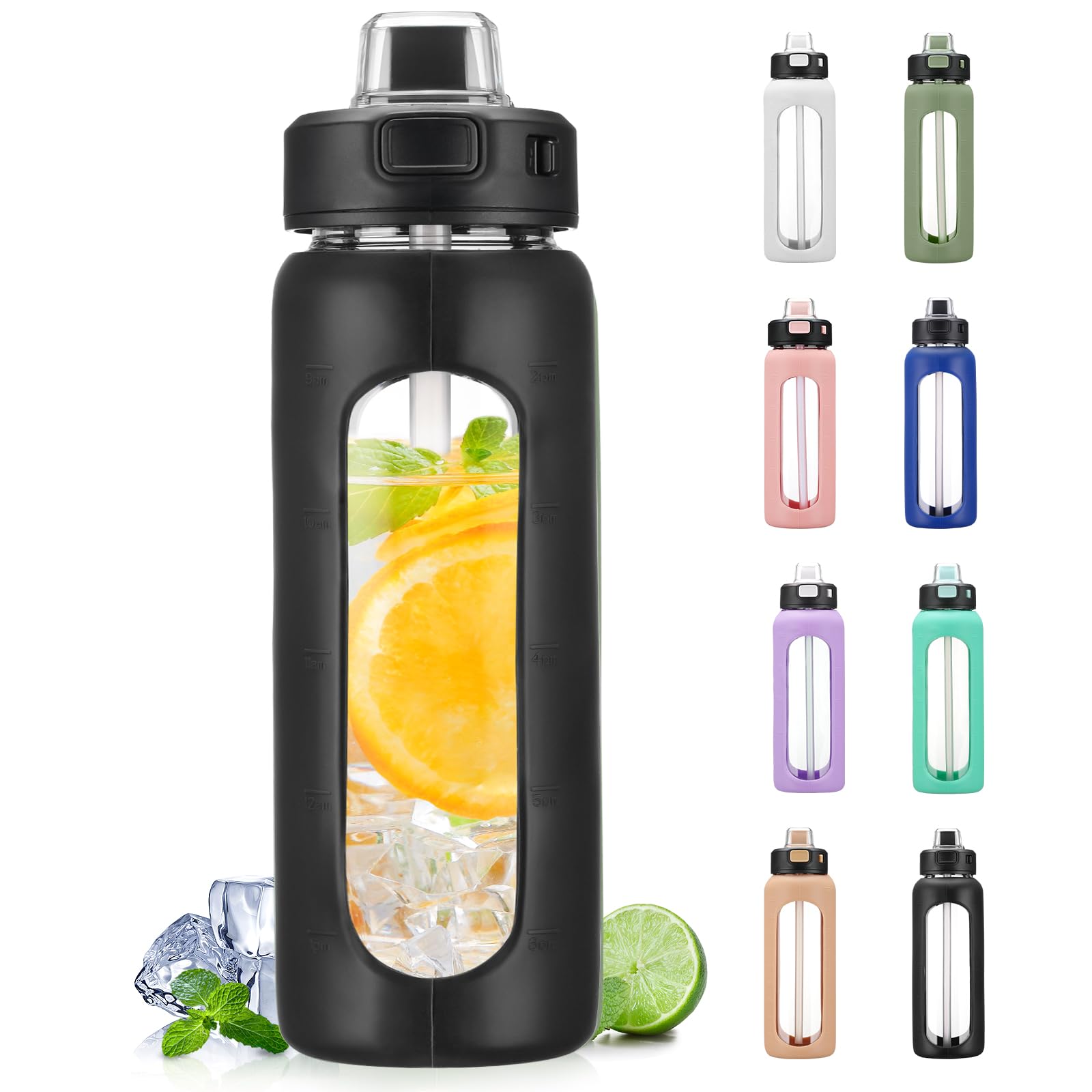 BLUEGO 700ml Glass Water Bottle with Handle and Straw Drinking Hydration Bottle with Silicone Sleeve and Time Marking Motivational Water Bottle for Gym Sports Outdoor Leak-proof,Black