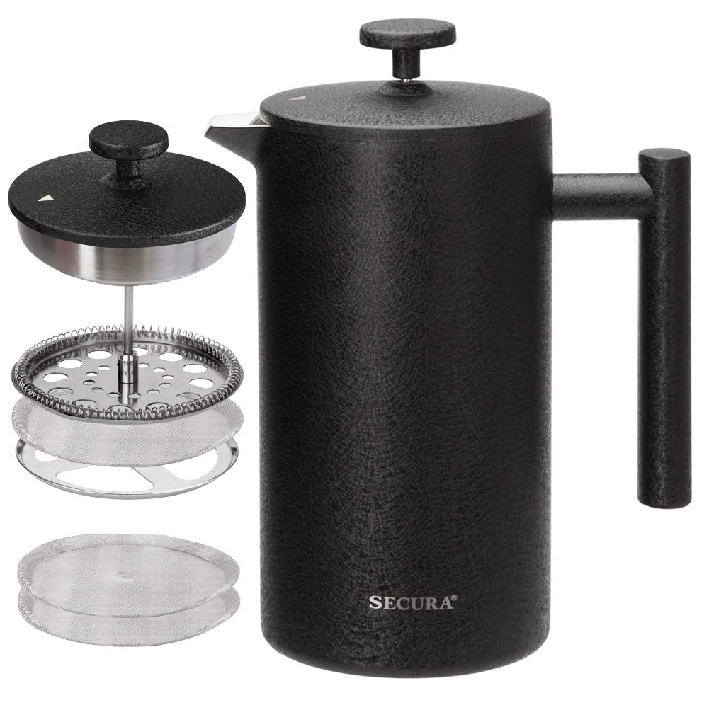 Photo 1 of Secura French Press Coffee Maker, 304 Grade Stainless Steel Insulated Coffee Press with 2 Extra Screens, 34oz (1 Litre), Black