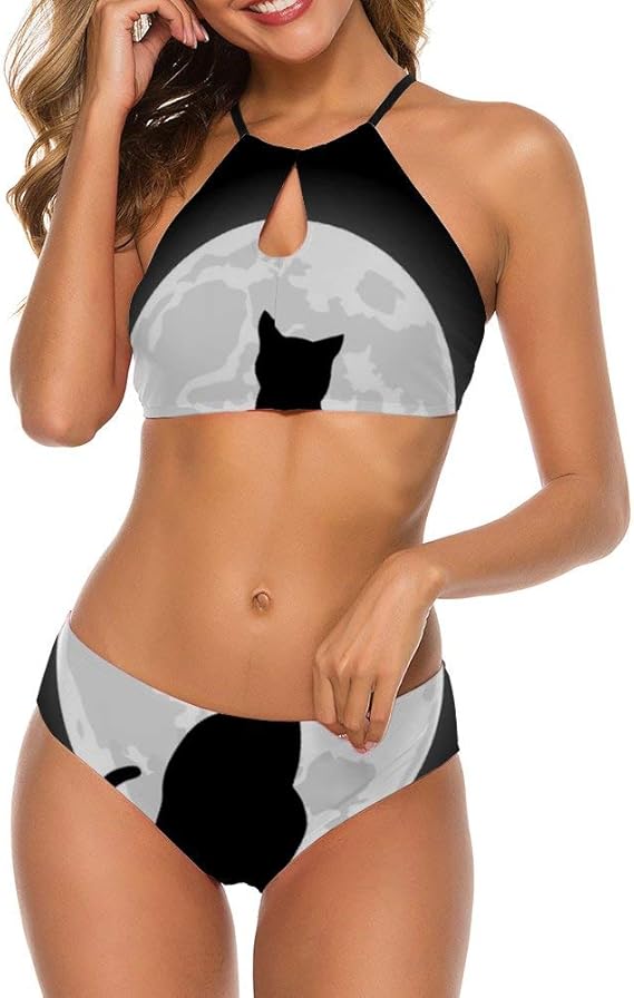 Amazon かわいい 猫柄 黒い猫 月柄 水着 ビキニ レディース ボディラインを美しく見せるビキニ 2点セット ビキニセット ビキニ セパレーツ 通販