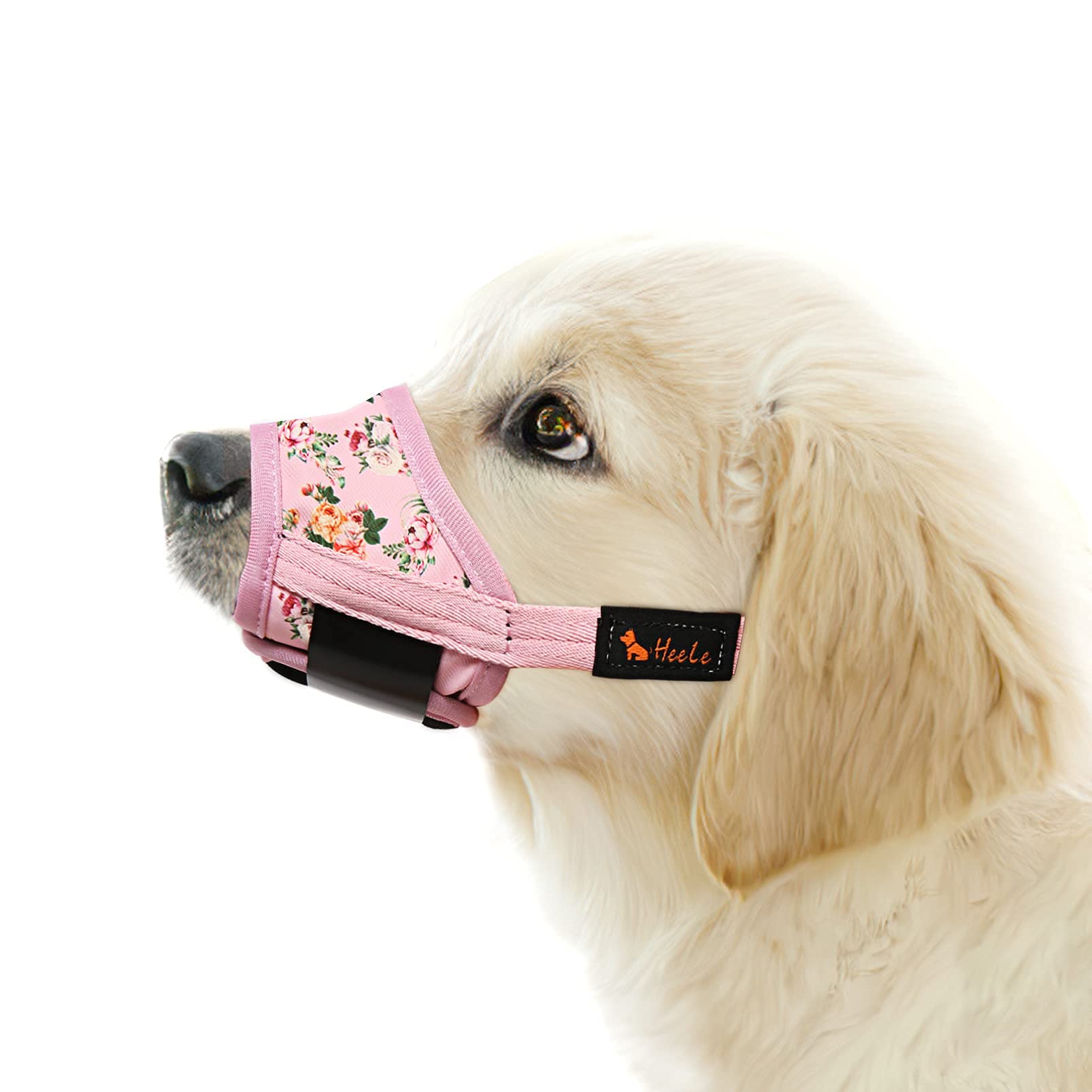 HEELE Dog Muzzle, Soft Nylon Breathable Muzzle with Vivid Prints & Adjustable Velcro Smooth Pad Comfy Muzzles for Puppy Small Medium Large Dogs, Stop Biting Barking and Chewing, Pink Flower, S