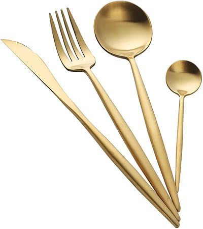 Amazon Buyer Star ステンレス カトラリーセット ゴールド ポルトガル風 ナイフ フォーク スプーン コーヒースプーン４点 ディナーセット 18 8ステンレス つや消し 食洗機対応 Buyer Star カトラリーアソートセット