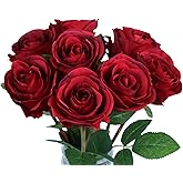 Tinsow Artificial Roses Flowers with 8 Heads for Flower Arrangement, Silk Latex Rose Bouquet for Home Decoration, Faux Roses for Valentine's Day Parties and Wedding Decoration (Red, 8)