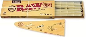RAW Classic Natural Unrefined Pre Rolled Cones - 20 Cones Per Pack - 98 Special Size (1 Pack)