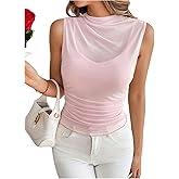 Milumia Women Mesh Sheer Tank Top Mock Neck Work Ruched Tee Shirts