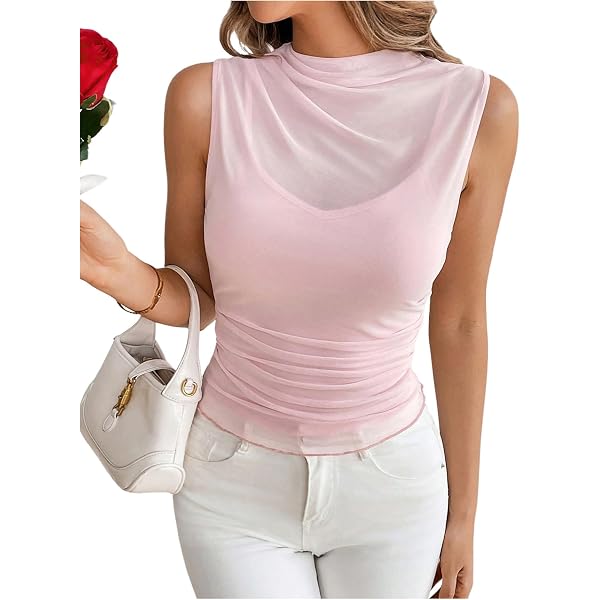 Milumia Women's Mock Neck Ruched Tank Top - Sleeveless Business Casual Shirt, Slim Fit, High Stretch Fabric