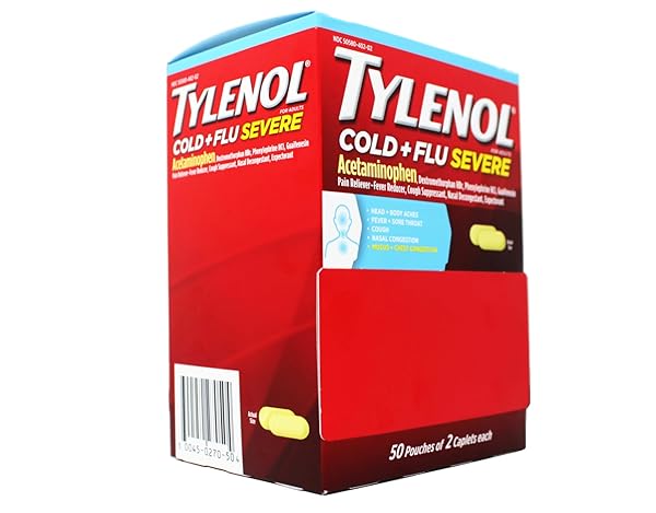 TYLENOL COLD + FLU SEVERE MEDICINE CAPLETS FOR COLD & FLU SYMPTOM RELIEF, FEVER REDUCER, PAIN RELIEVER, COUGH SUPPRESSANT, NASAL DECONGESTANT & EXPECTORANT, 50 POUCHES OF 2 CT.