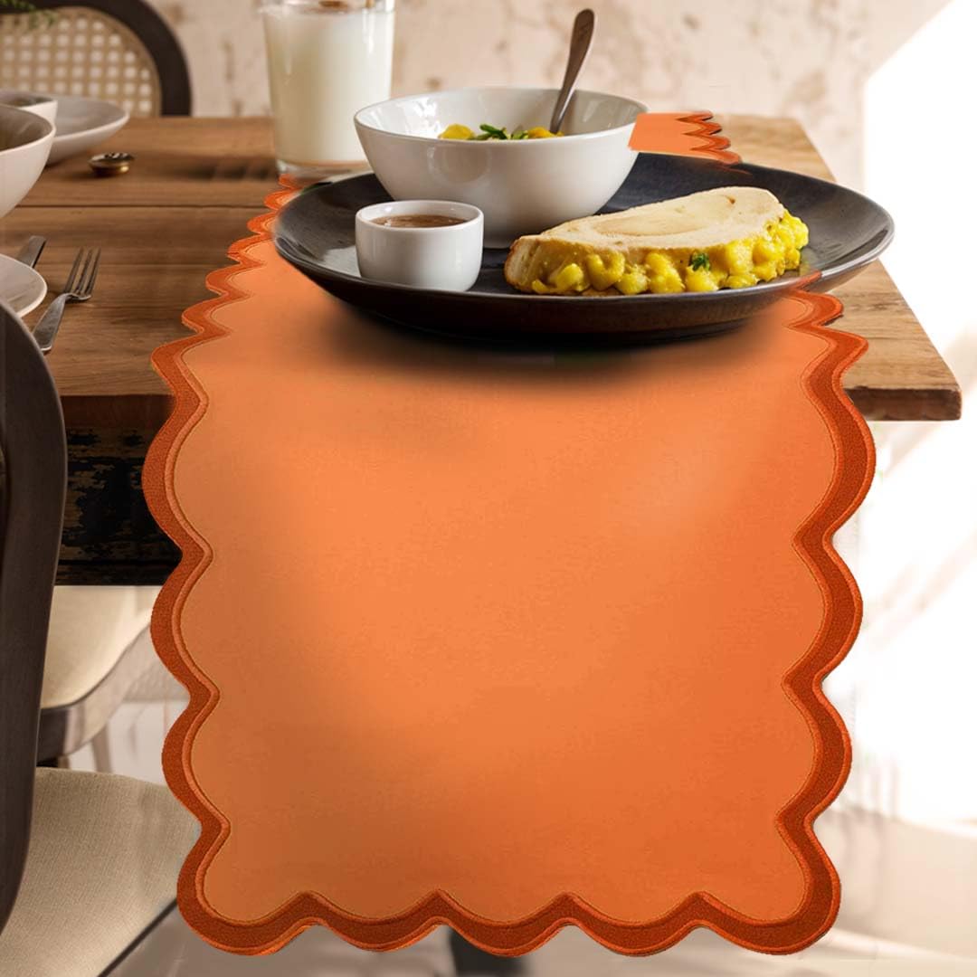 Photo 1 of Folkulture Table Runners | Fall Table Runner 90 inches Long | Scallop Table Runner for Fall Decor or Boho Decor | Orange Table Runners for Dining Room | Thanksgiving Decorations for Home