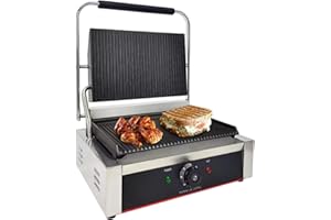 KOUWO Commercial Panini Press With Grooved Grill Sandwich Maker Machine Electric Contact Grill Single (Large Grooved Top&Bottom)