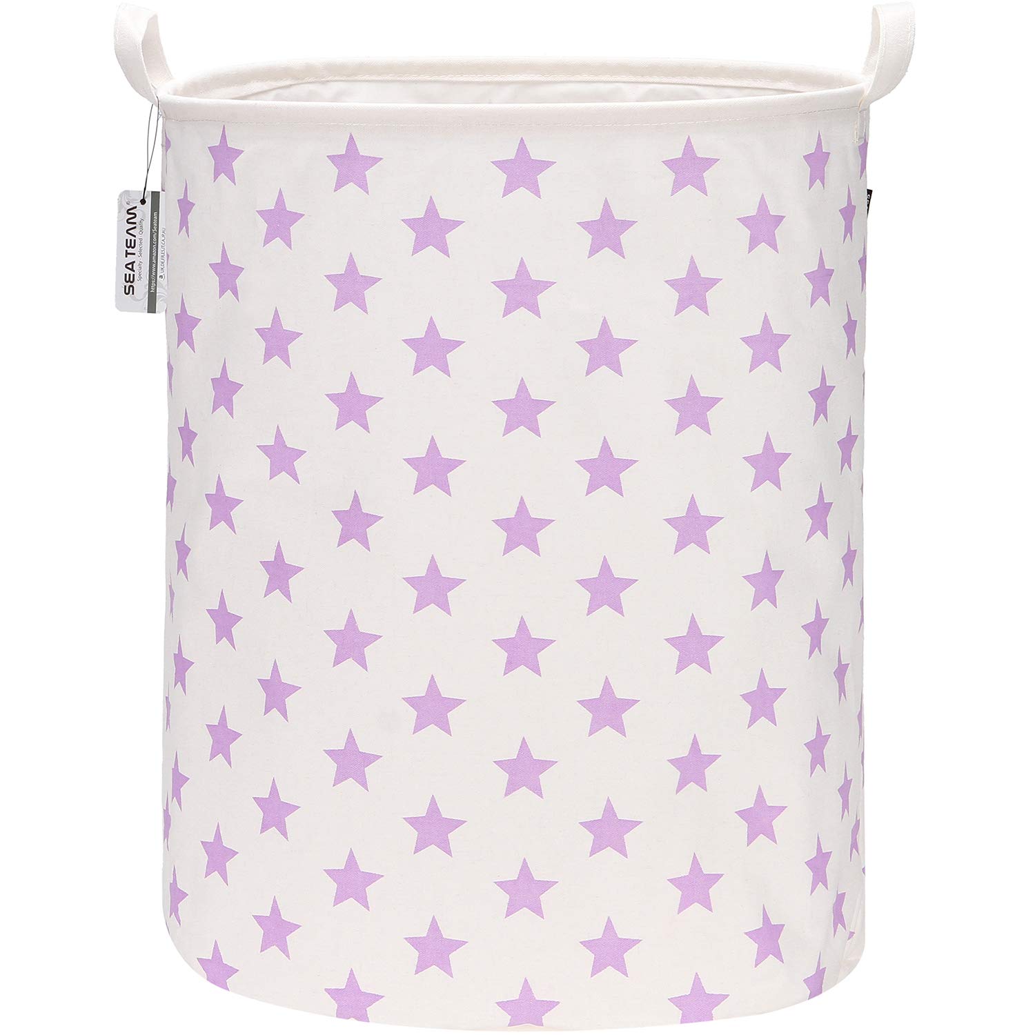 Sea Team 19.7 Inch Large Sized Waterproof Coating Ramie Cotton Fabric Folding Laundry Hamper Bucket Cylindric Burlap Canvas Storage Basket with Stylish Purple Star Design