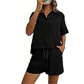 LOVESHOOT 2 Piece Short Sets for Women Summer Short Sleeve Button Down High Low Shirt and Shorts Casual Beach Vacation Set