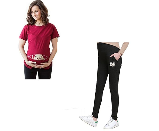 Bold N Elegant Combo of Red Half Sleeve Cute Sneak Peek Child Printed Pregnancy Maternity T-Shirt and Black Maternitywear Pregnancy Belly Leggings with Adjustable Elastic Waist