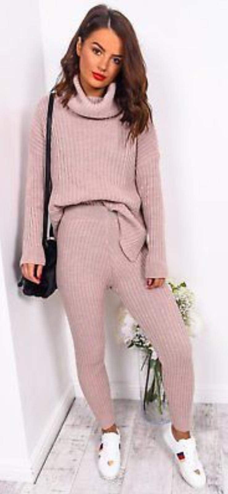 @ Ladies Chunky Knitted High Roll Neck Top Bottom Loungewear 2 Piece Set Tracksuit
