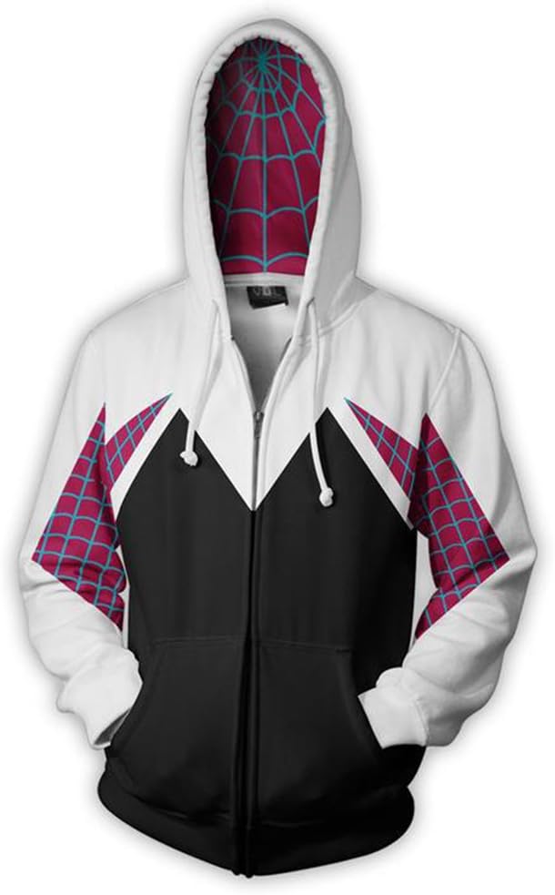 Wsysnl Cos Spider Gwen Superhero 3D Style Zipper Hooded Sweatshirt Kids/Unisex Adult