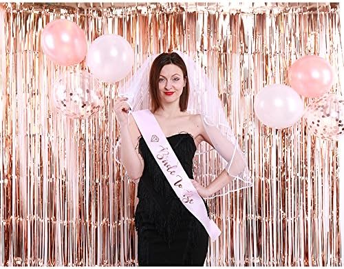 Bachelorette Party Decorations Bridal Shower Kit-19 Pieces Include Rose Gold Foil Fringe Curtains,Rose Gold Balloon,Confetti Balloon,Bride to be Sash,White Comb Veil