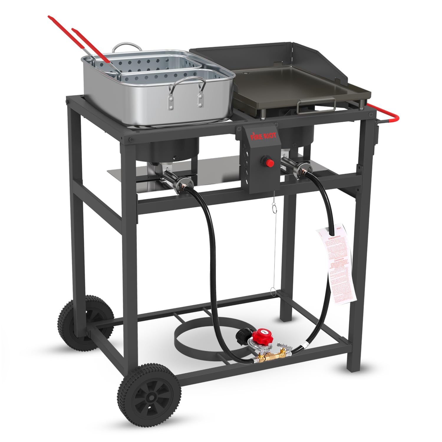 Photo 1 of FIRE RIOT Outdoor Propane Deep Fryer and Griddle Combo, Portable 2-in-1 Cooking Station with Double Burner Propane Stove and Wheels, Ideal for Outdoor BBQ, Camping, and Tailgating