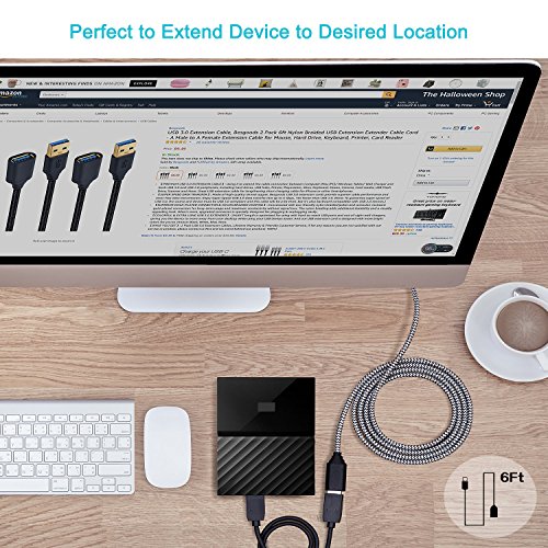 Besgoods 4-Pack - Nylon Braided 6ft USB 3.0 Extension Cable USB Extender Cord - A Male to Female Fast Data Transfer Extension Cord with Gold-Plated Connector - White - Thumbnail 2