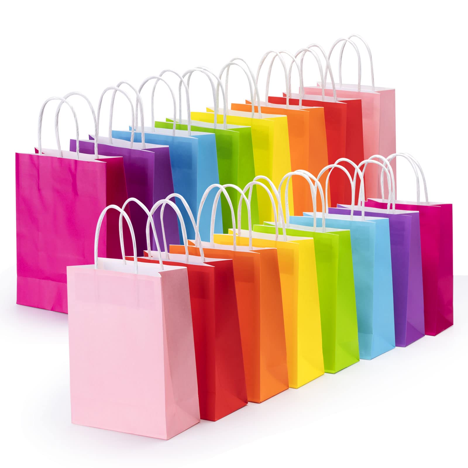Ywinler 24 Pieces Paper Gift Bags - 8 Colors Small Party Bags With Handles 22 * 8 * 16 cm for Halloween Christmas Kraft or Kids Party