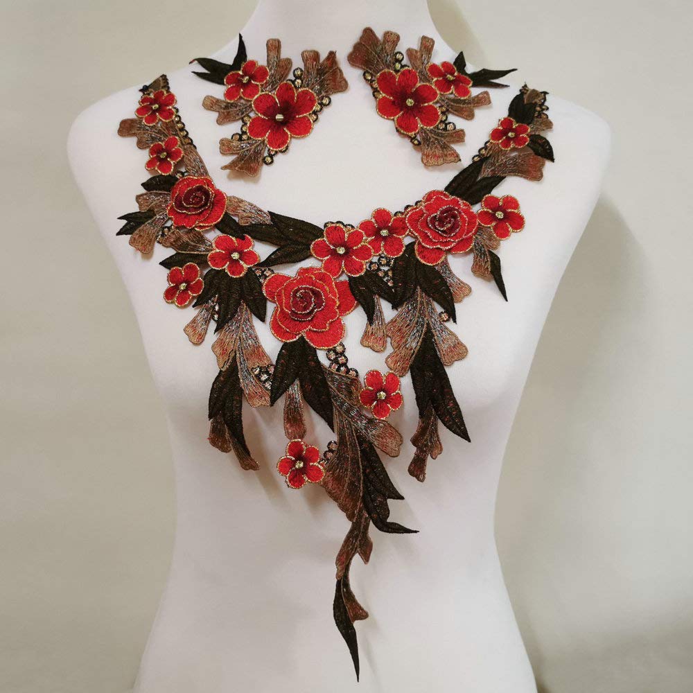 1Pcs New Colorful Craft Collar Flower Venise Floral Embroidered Applique Trim Decorated Lace Neckline Collar Sewing Accessories (Gold Thread Embroidered Collar)