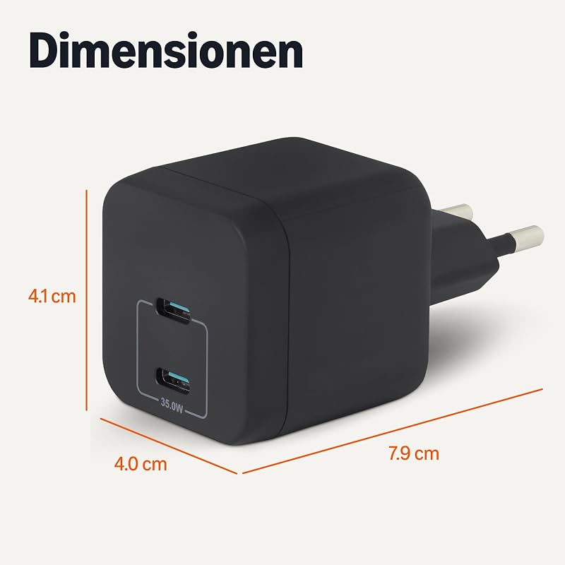 USB-C-Wandladegerät mit Nano-GaN-Technologie und Schnellladefunktion, 35W, 2 Anschlüsse für Tablets/Telefone, Schwarz — Foto 5 von 5