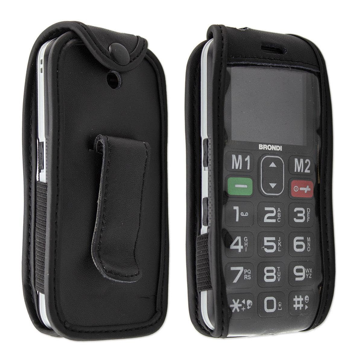 caseroxx Leather-Case with belt clip compatible with Brondi Amico Semplice + made from genuine leather, Pouch with belt clip and viewing window in black