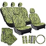 OxGord® 21pc Set of Zebra Print Car Seat Covers w/Deluxe Velour Animal Carpet Floor Mats, Steering Wheel Cover & Shoulder Pads - Airbag Compatible - Front Low Back Buckets - 50/50 or 60/40 Rear Split Bench - Universal Fit for Cars, Truck, SUV, or Van, Lime Green