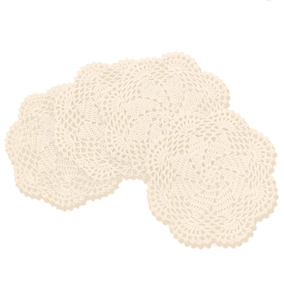 Gracebuy Pack of 4PCS Beige 7 Inch 100% Cotton HANDMADE Crochet Lace Placemats Coasters